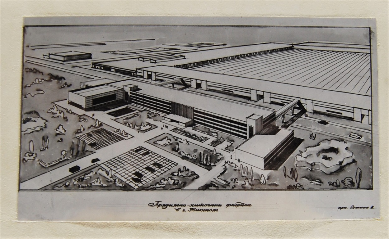 Эскиз зданий прядильно-ниточной фабрики в г. Никополь. 1973 г.

