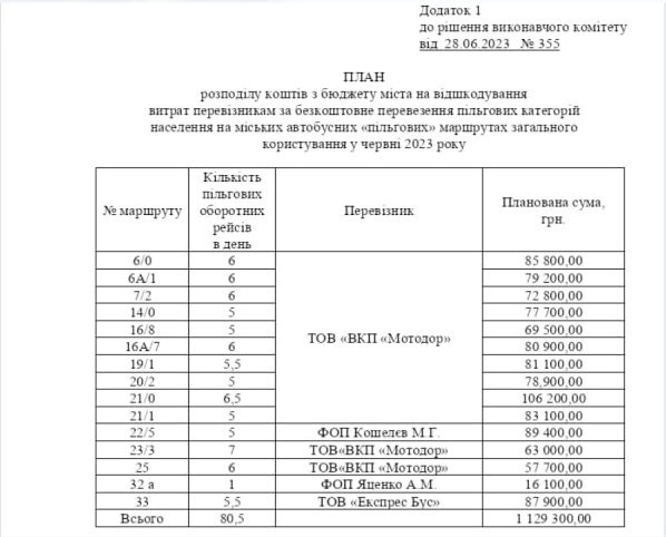 Скріншот Додатку 1 до рішення виконавчого комітету від 28.06.2023 року