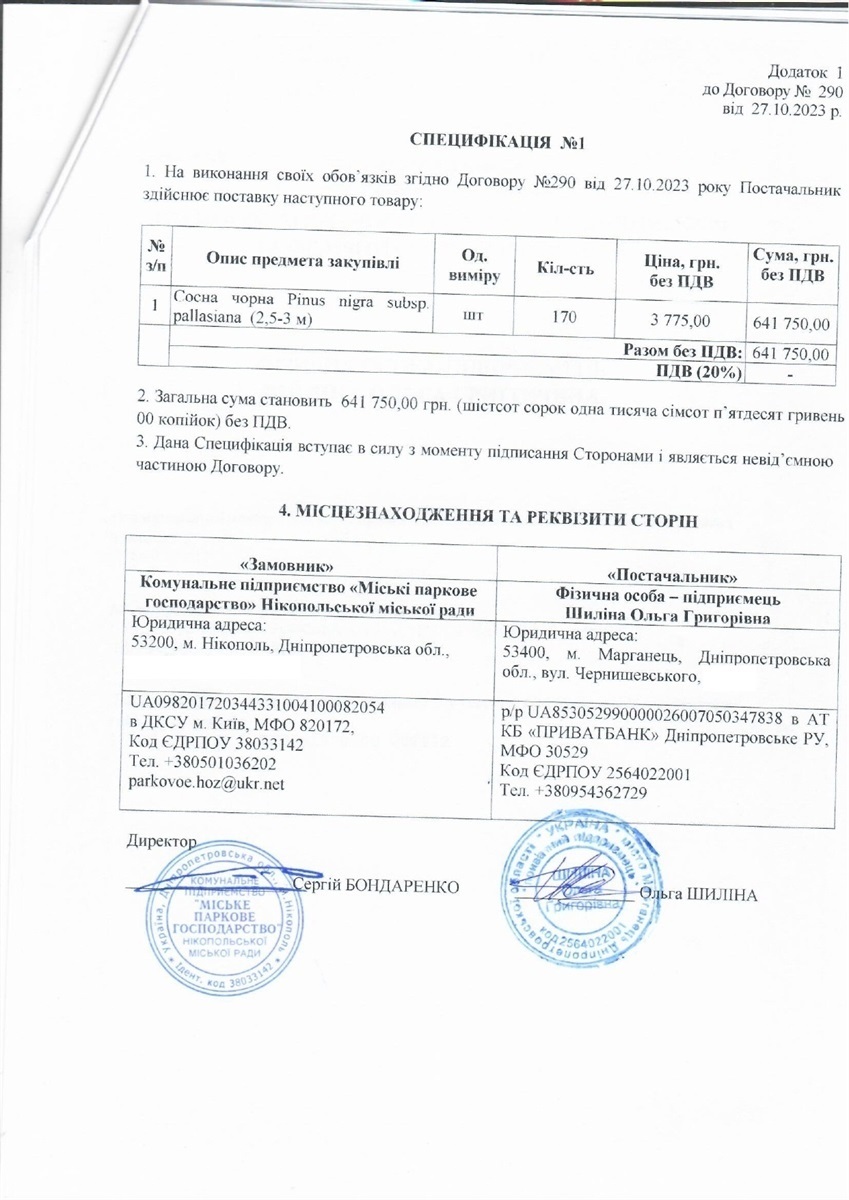  Специфікація до договору на закупівлю 170 саджанців чорної сосни