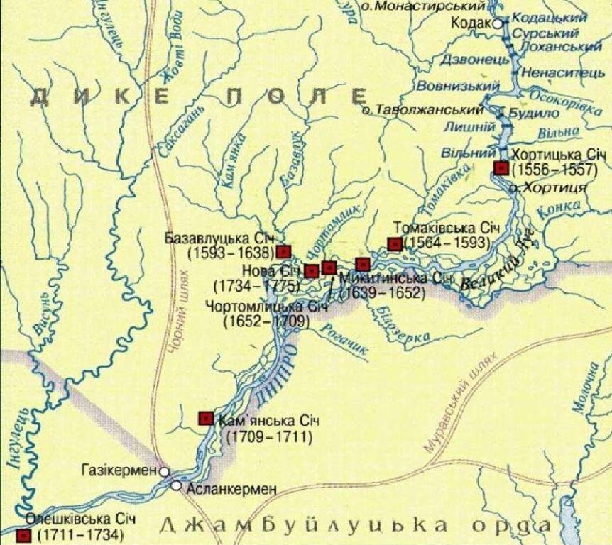 Розташування козацьких січей на території Великого Лугу